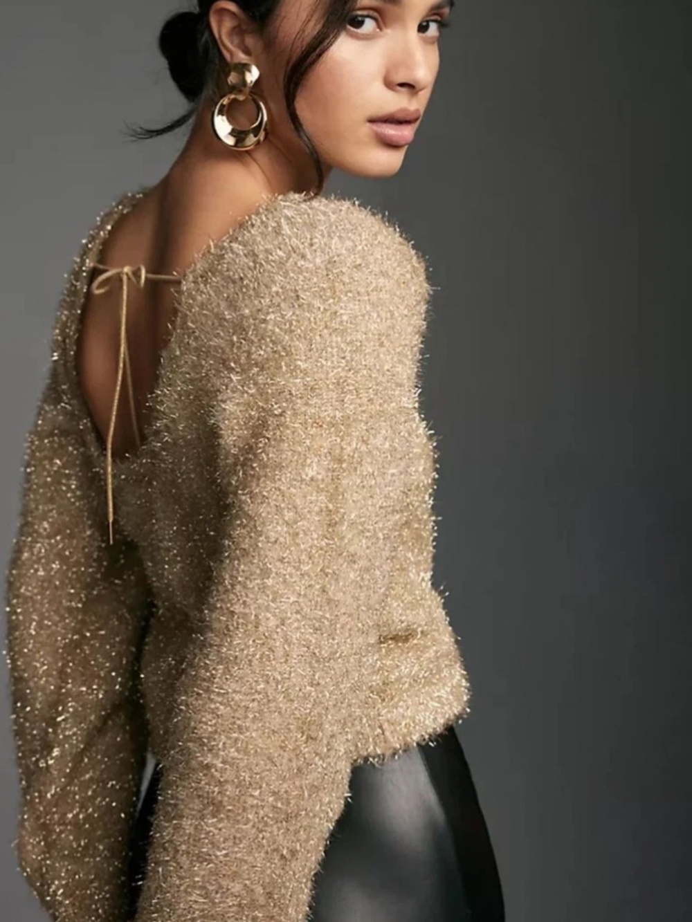 Anthropologie Eyelash Pullover Sweater Gold Beige Metallic